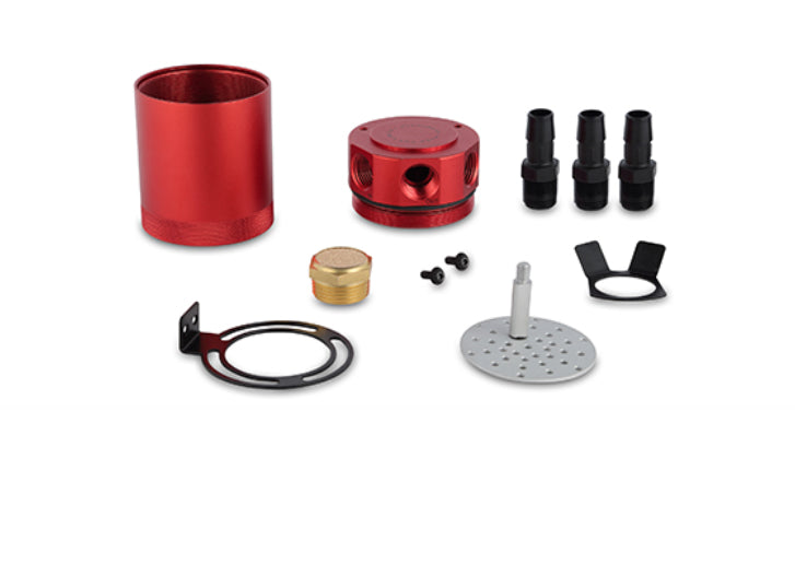 MISHIMOTO Universal Compact Baffled Oil Catch Can, 3-Port, Red | MMBCC-MSTHR-RD